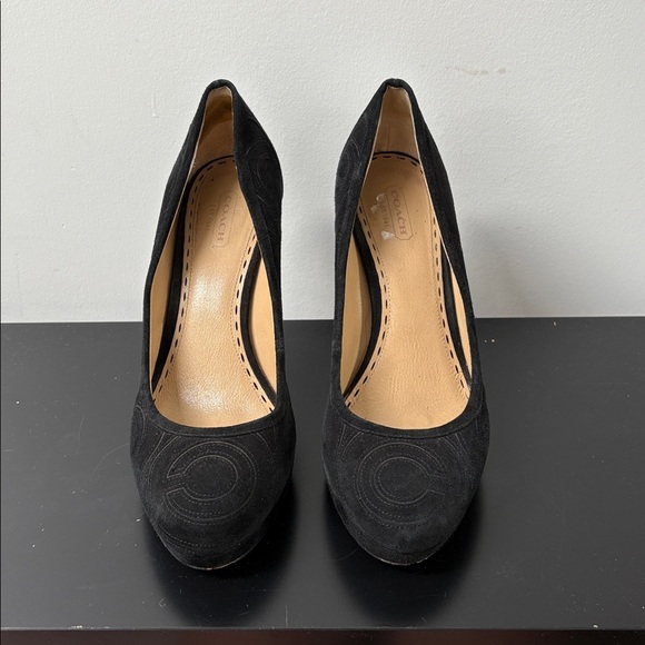 Coach Brigett suede logo stitched platform pumps heels stiletto black 10B - Picture 3 of 16